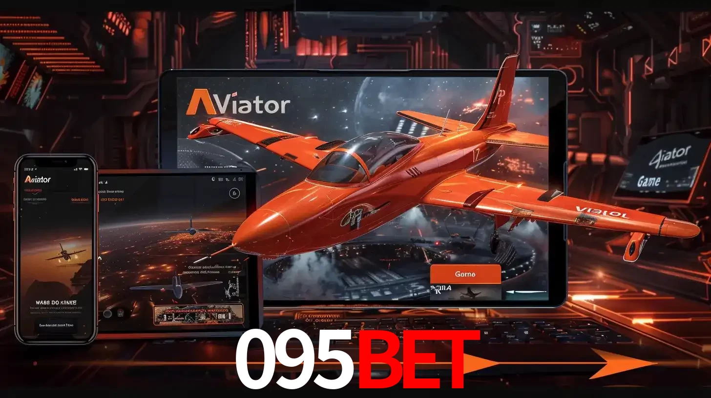 Apresentação tecnológica do jogo Aviator com um avião saindo da tela de um tablet, demonstrando a experiência imersiva em múltiplos dispositivos no 095BET.