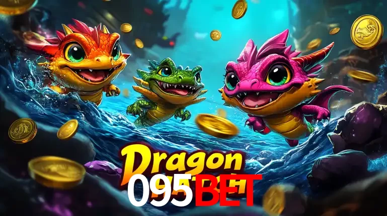 Arte promocional do jogo Dragon Hatch com três adoráveis dragões bebês nadando entre moedas de ouro, um dos slots mais divertidos para jogar no cassino 095BET.