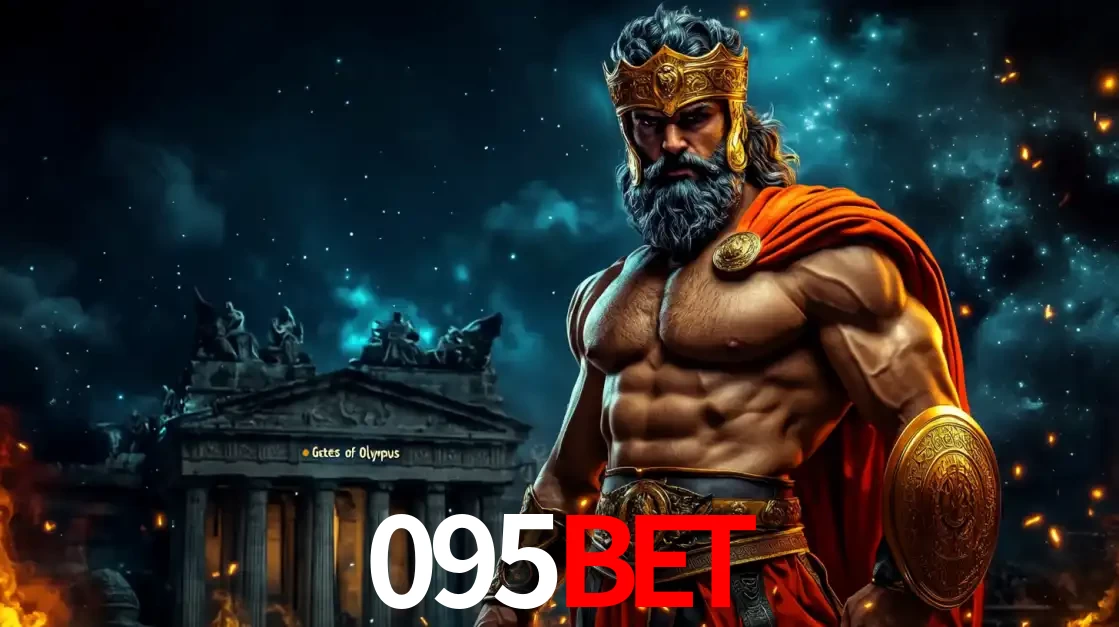 O poderoso Zeus do jogo de slot Gates of Olympus em frente ao seu templo, pronto para lançar multiplicadores divinos e prêmios épicos no cassino online 095BET.