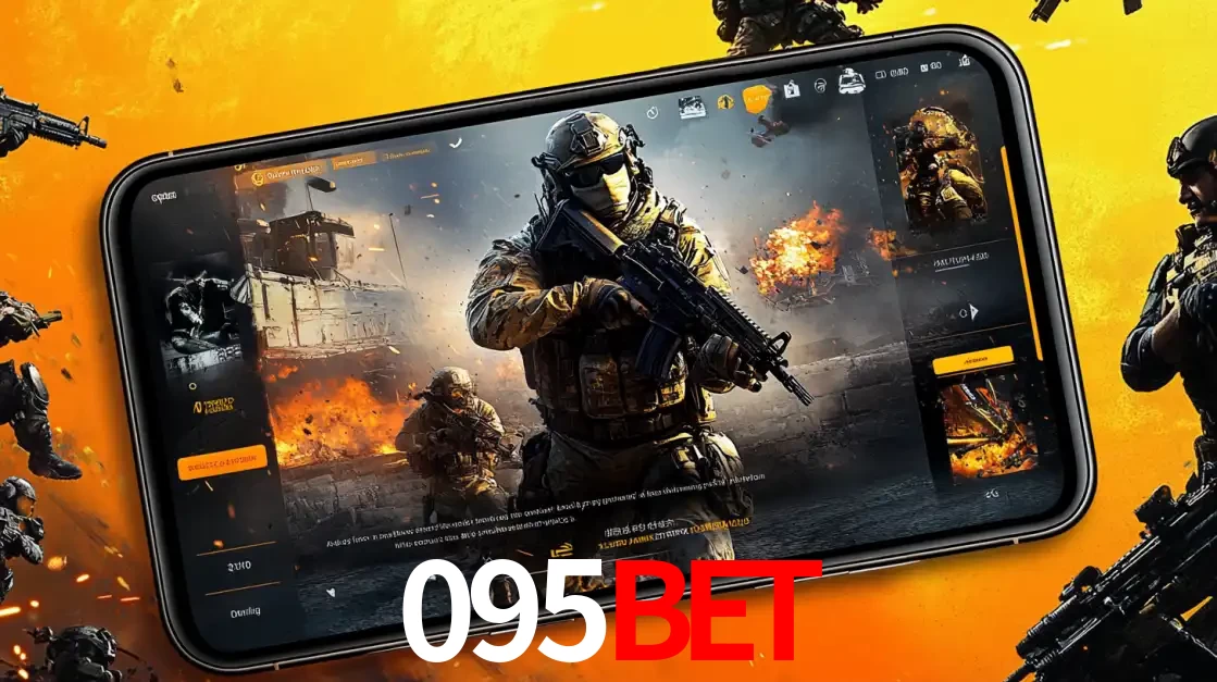 Um smartphone exibindo a interface de um jogo de tiro em primeira pessoa, com um soldado em um cenário de batalha, representando a ação dos e-sports para apostar no 095BET.