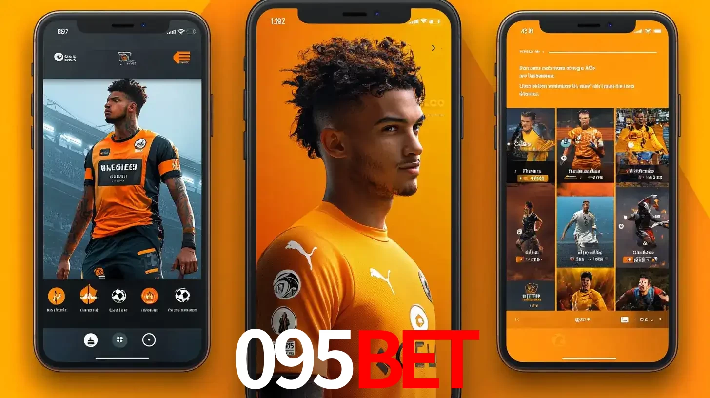 Interface do aplicativo de apostas esportivas 095BET em três telas de celular, mostrando o perfil de um jogador de futebol e a lista de jogos disponíveis para apostar.