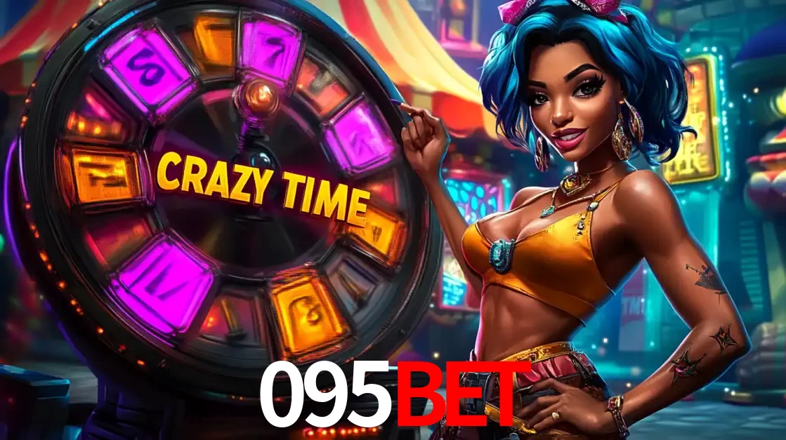 Mulher estilizada com cabelo azul e visual vibrante posando ao lado da roda de prêmios do game show Crazy Time, convidando para a diversão e os bônus do cassino 095BET.