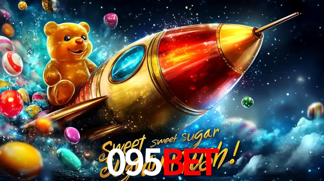 Arte promocional do jogo de slot Sugar Rush, com um urso de pelúcia em um foguete viajando pelo espaço de doces, um dos jogos divertidos disponíveis no cassino 095BET.