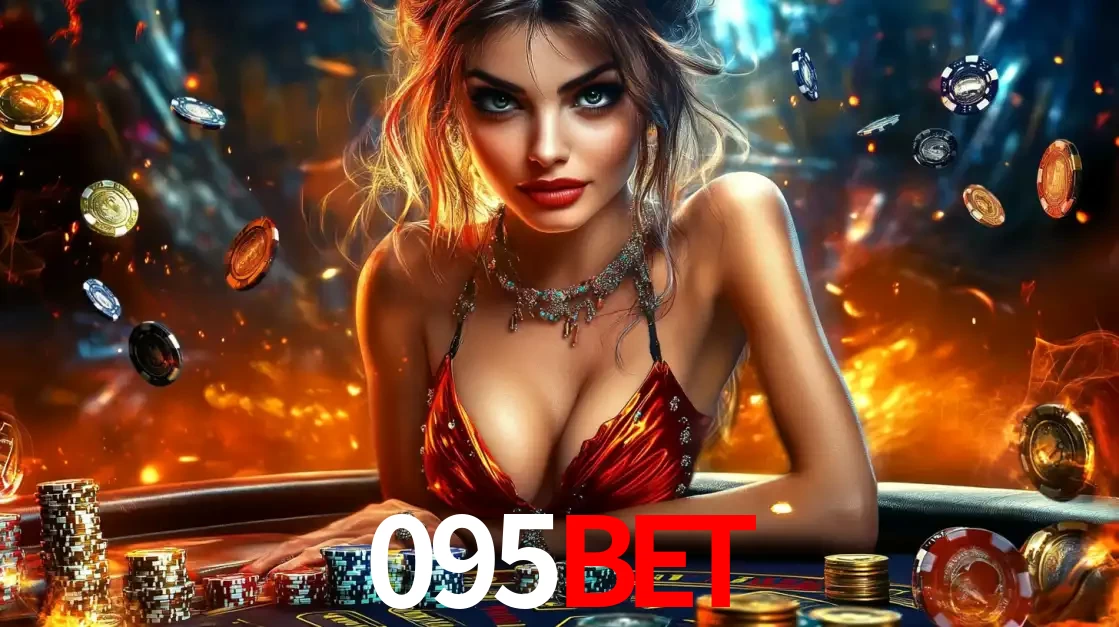 Mulher em uma mesa de cassino com pilhas de fichas e um fundo de fogo, pronta para uma rodada de altas apostas nos jogos de mesa emocionantes do cassino 095BET.