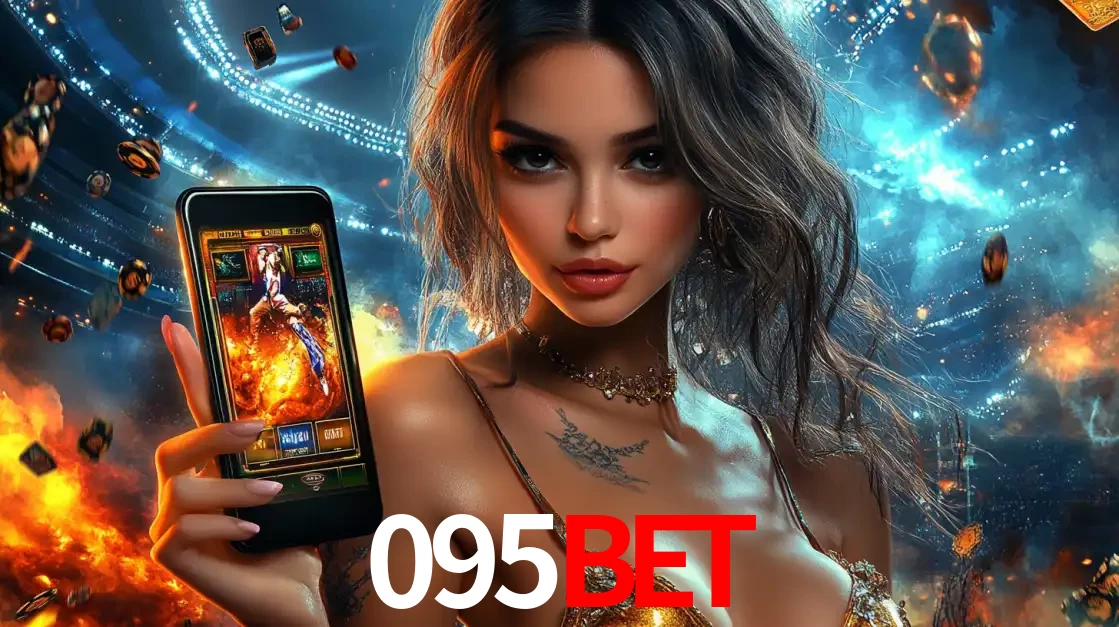Mulher segurando um celular com um jogo de slot em destaque, tendo como fundo um estádio vibrante, simbolizando a emoção de jogar no cassino móvel 095BET.