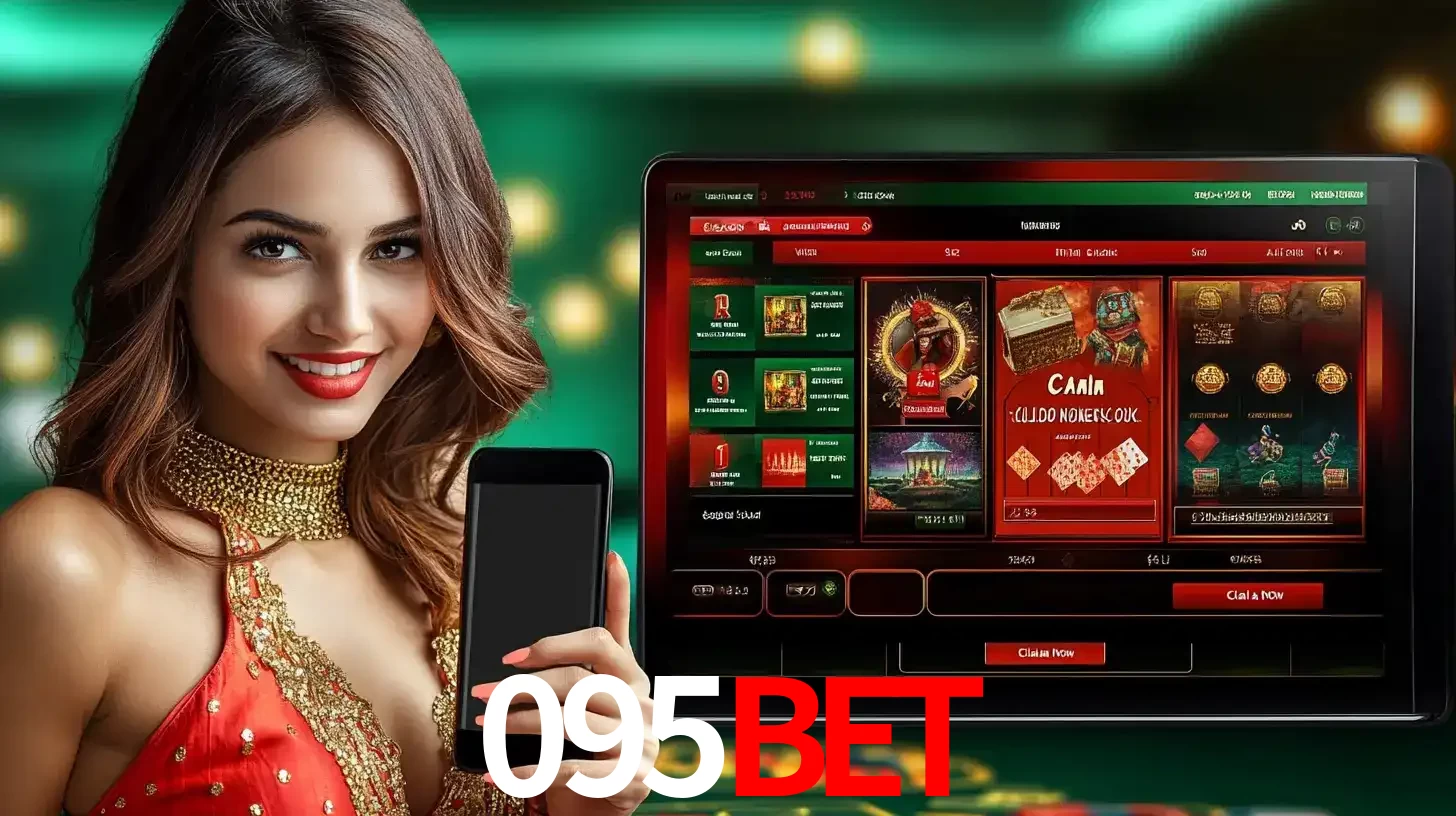 Mulher sorridente segurando um smartphone, ao lado de uma tela exibindo o lobby de jogos do cassino online 095BET, com várias opções de jogos de cartas e slots.